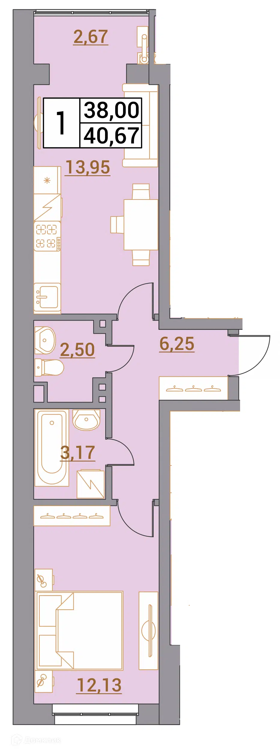 Планировка: 1-комн. квартира 40.67 м² в новостройке Зеленый город