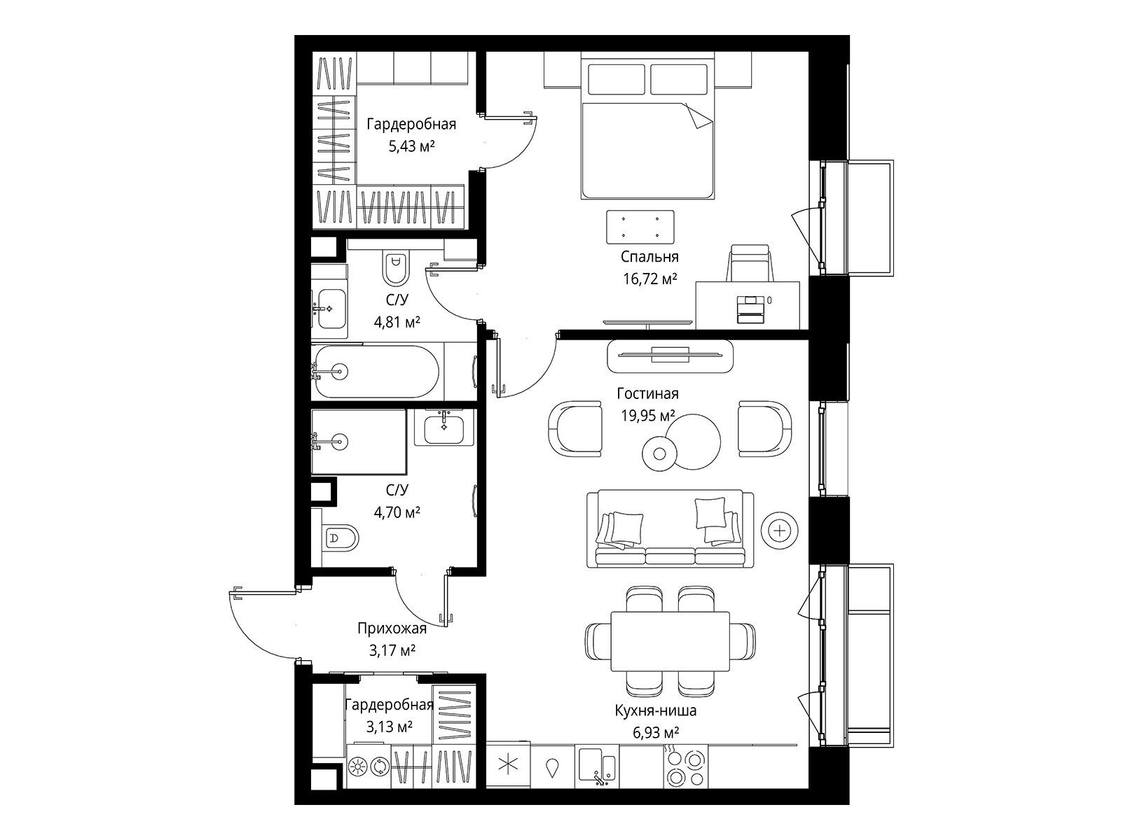 Планировка: 1-комн. квартира 64.84 м² в новостройке Мыс
