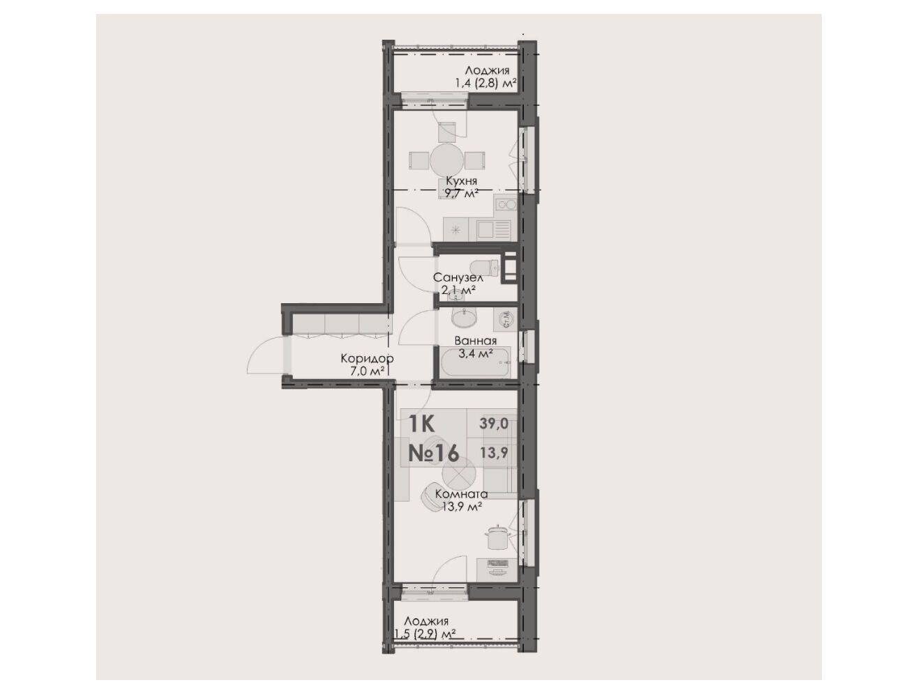 Планировка: 1-комн. квартира 39.00 м² в новостройке На Большом Смоленском