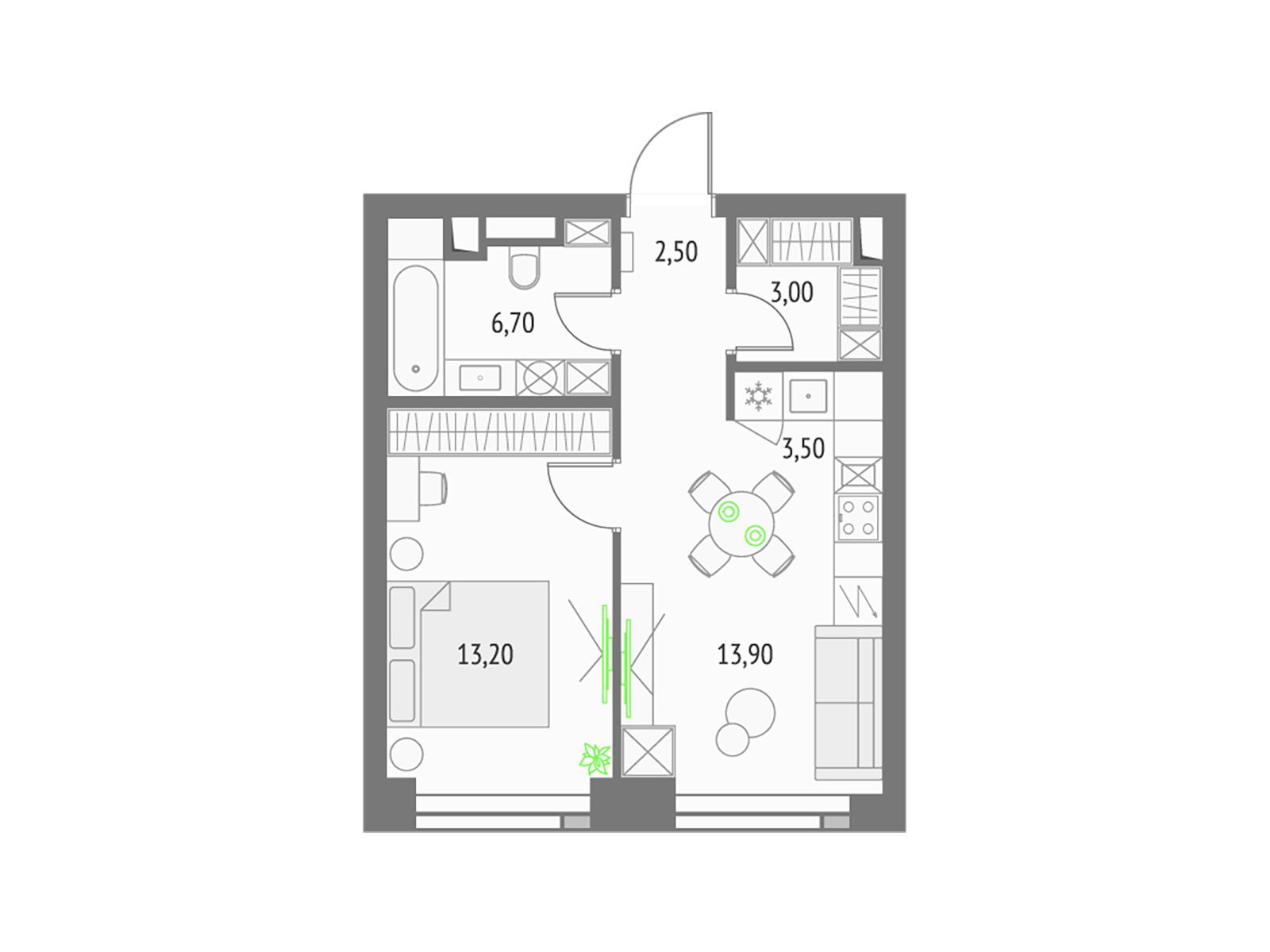 Планировка: 1-комн. квартира 42.50 м² в новостройке Апсайд Тауерс