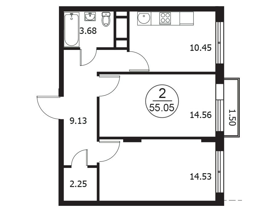 Планировка: 2-комн. квартира 55.05 м² в новостройке Катуар