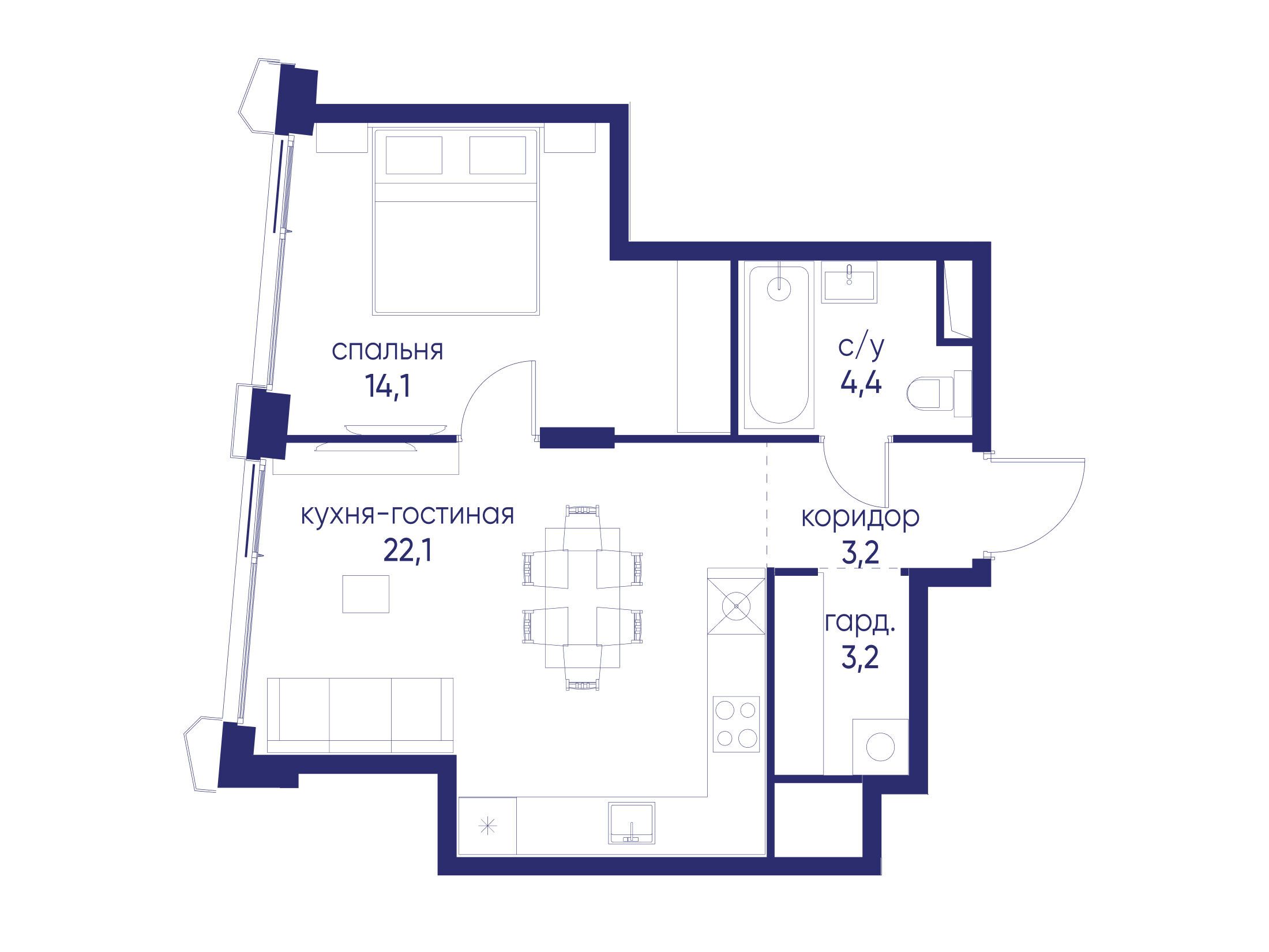 Планировка: 1-комн. квартира 46.80 м² в новостройке Остров