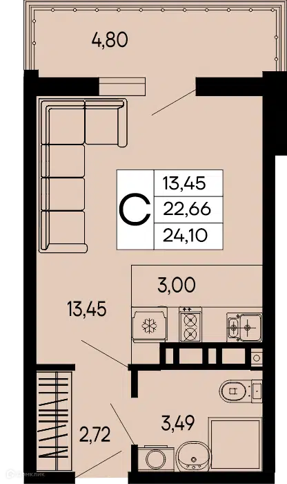Планировка: Студия 24.10 м² в новостройке ЖК Эпос