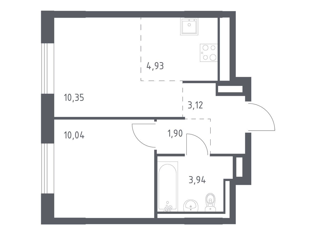 Планировка: 1-комн. квартира 34.28 м² в новостройке Лаголово