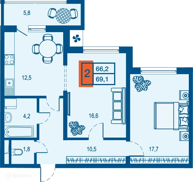 Планировка: 2-комн. квартира 66.20 м² в новостройке Дом у озера