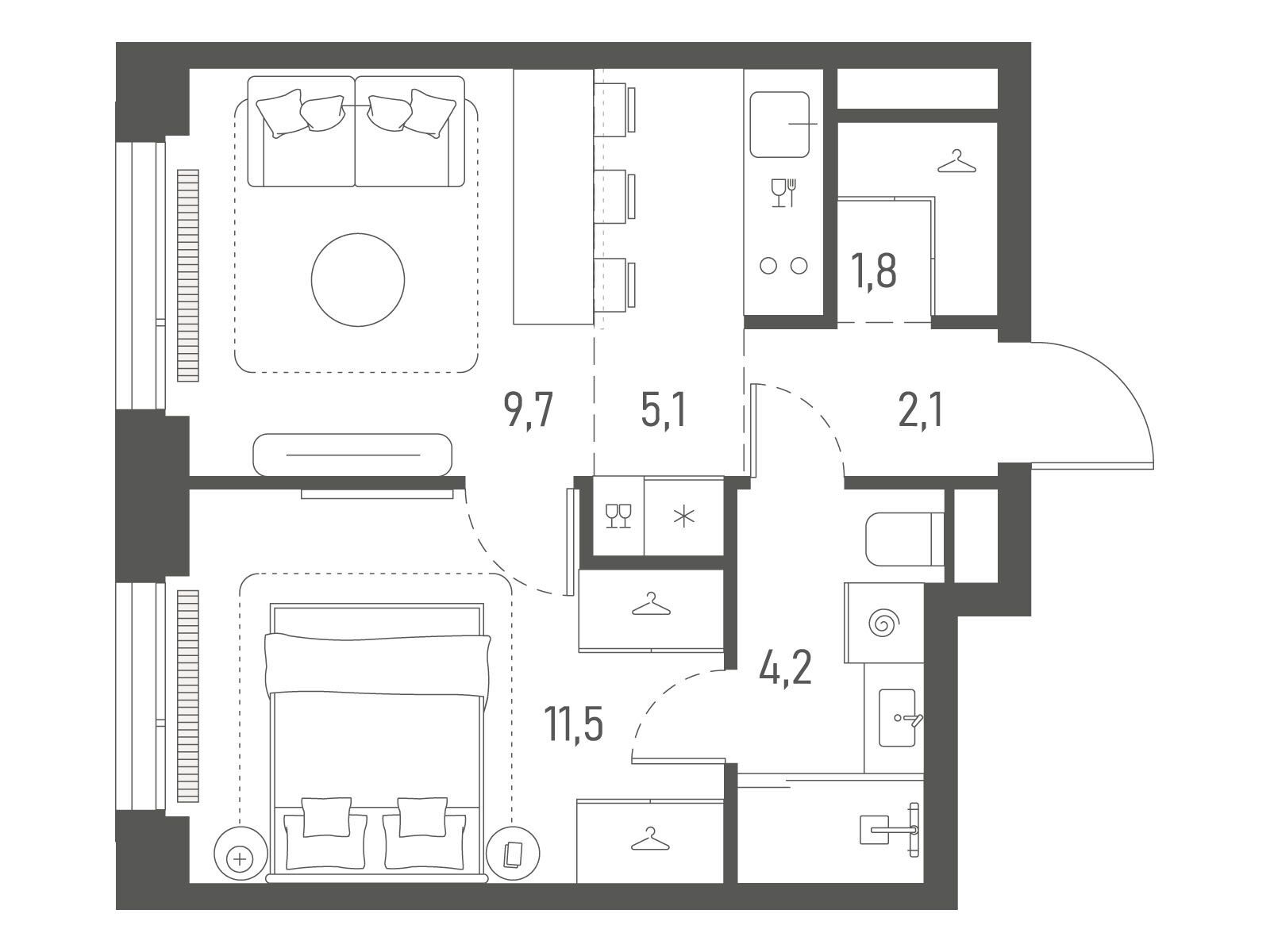 Планировка: 1-комн. квартира 34.40 м² в новостройке Среда на Лобачевского