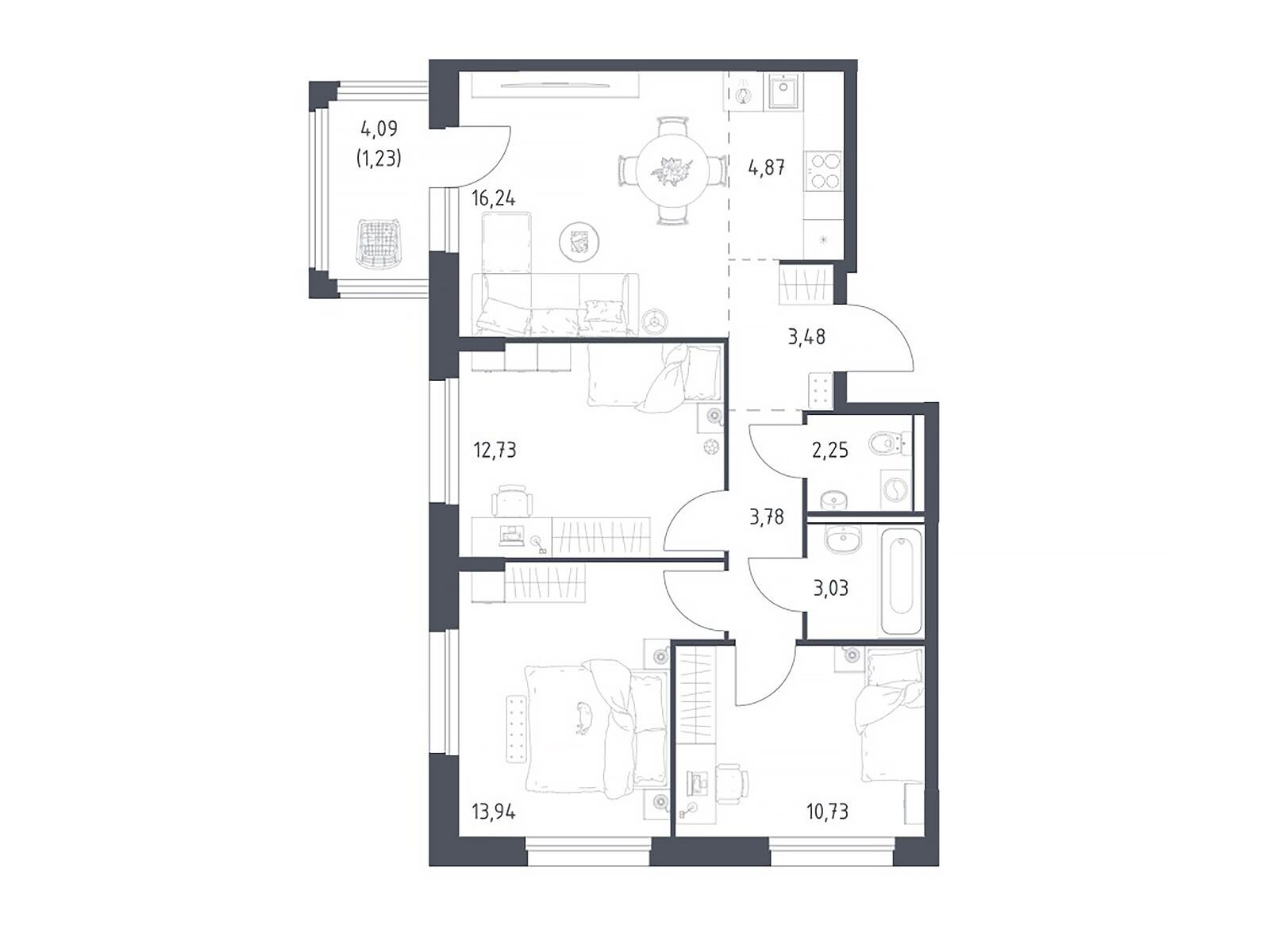 Планировка: 3-комн. квартира 72.28 м² в новостройке Прибрежный Парк
