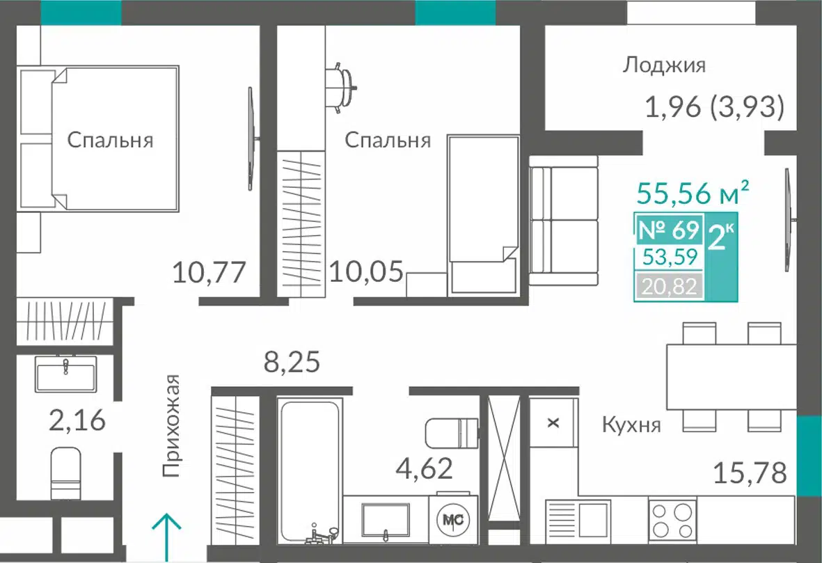 Планировка: 2-комн. квартира 53.59 м² в новостройке ЖК Видный