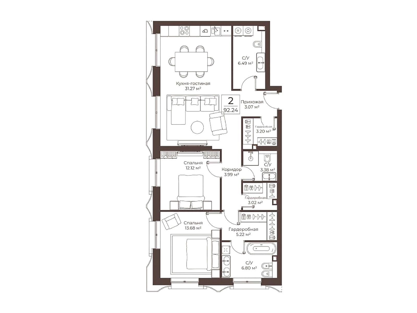 Планировка: 2-комнатная квартира 92.74 м² в новостройке Клубный дом Воронцовъ