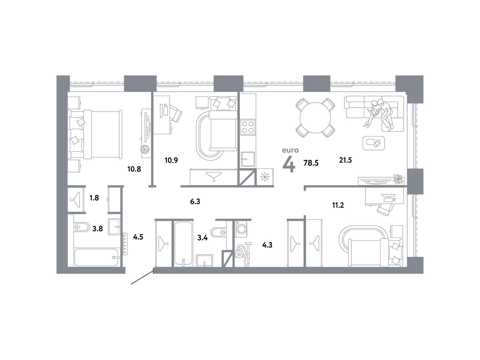 Планировка: 4-комн. квартира 78.50 м² в новостройке Страна. Заречная