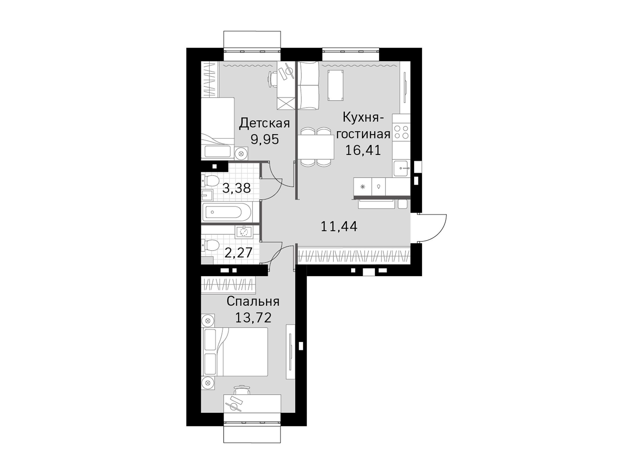 Планировка: 2-комн. квартира 57.17 м² в новостройке Жаворонки Клаб