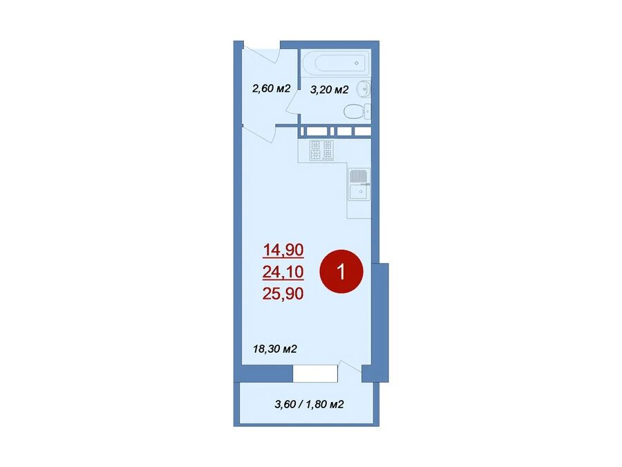 Планировка: Студия 25.90 м² в новостройке Новые Островцы