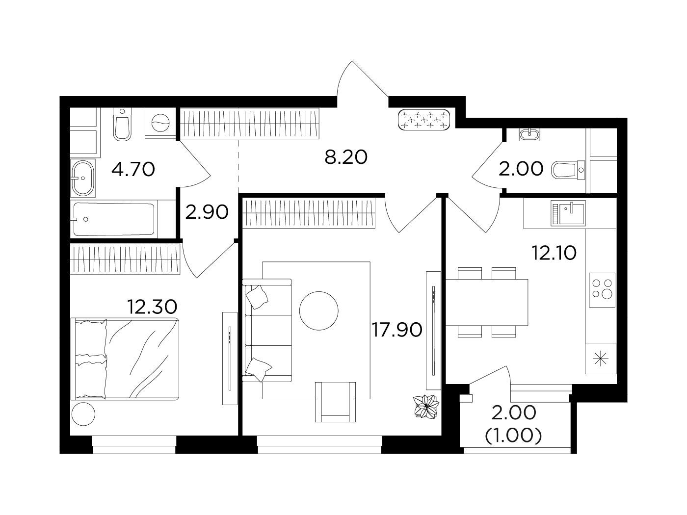 Планировка: 2-комн. квартира 60.90 м² в новостройке Филатов луг