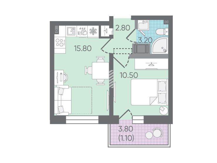 Планировка: 1-комн. квартира 33.40 м² в новостройке Цветной город