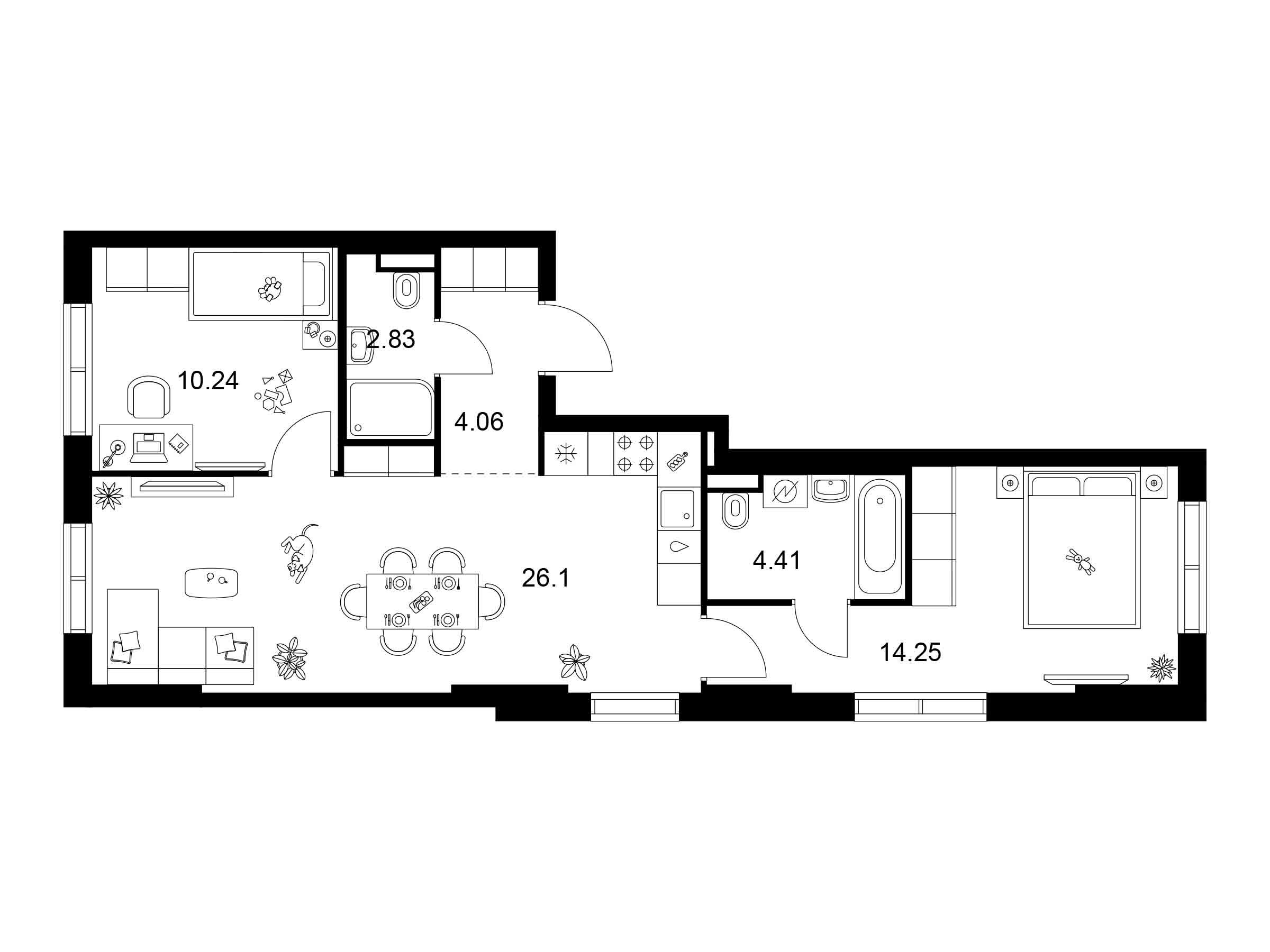 Планировка: 2-комн. квартира 61.89 м² в новостройке Заречный парк
