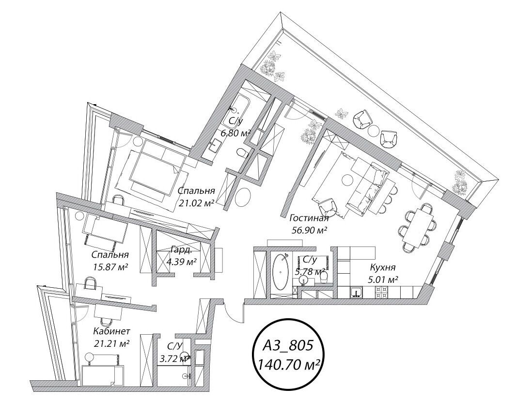 Планировка: 4-комн. квартира 140.70 м² в новостройке Рублево