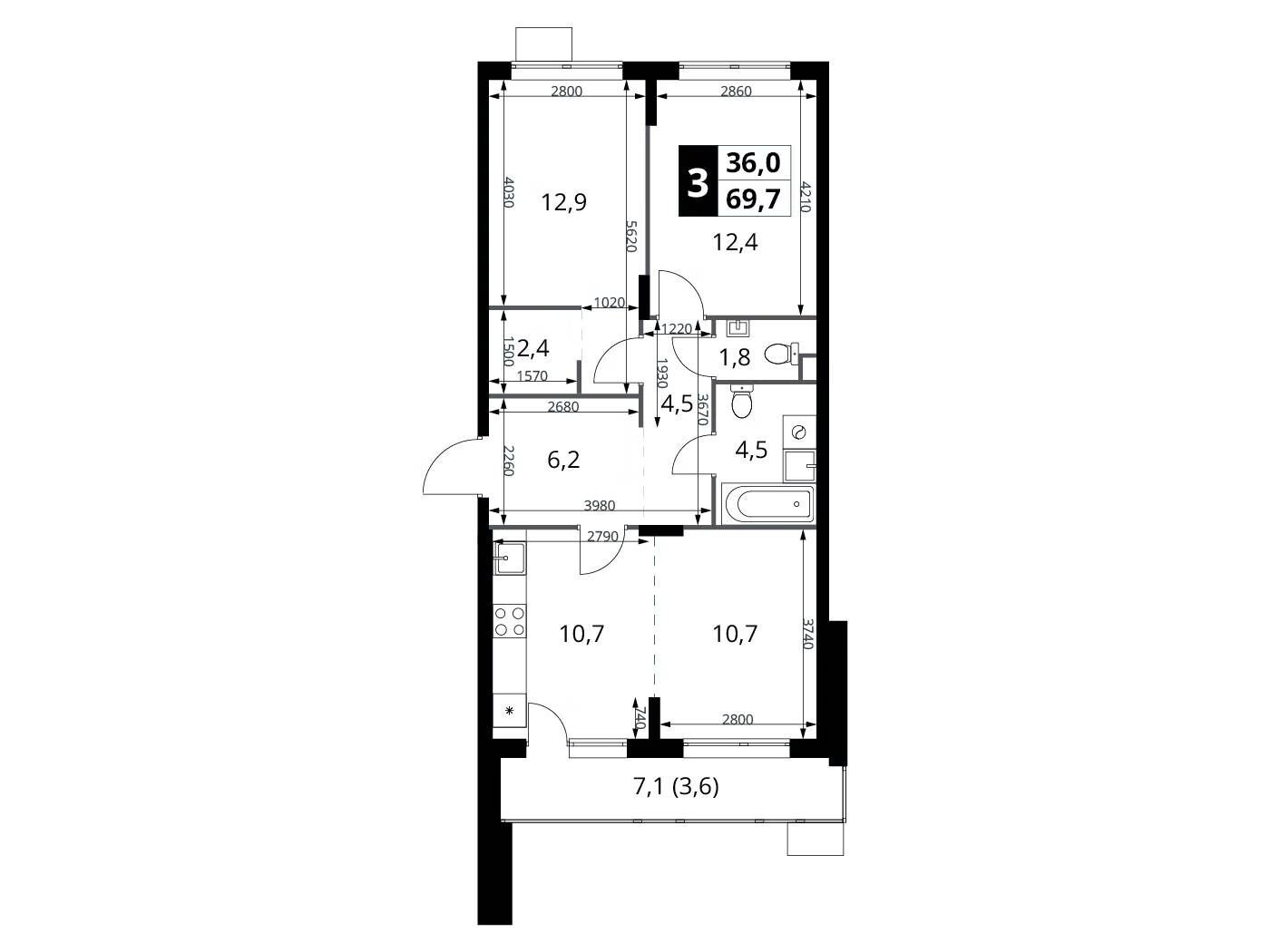 Планировка: 3-комн. квартира 69.70 м² в новостройке 1-й Шереметьевский