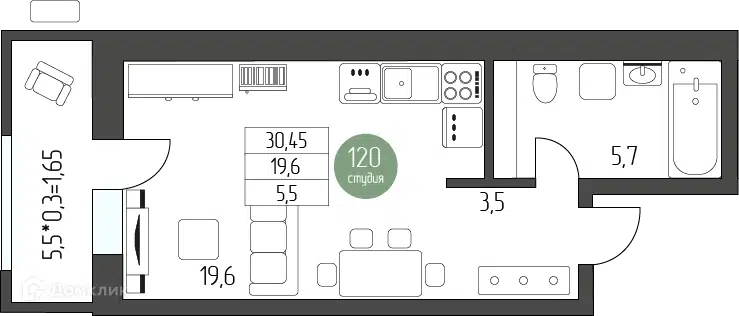 Планировка: Студия 30.45 м² в новостройке Лермонтов