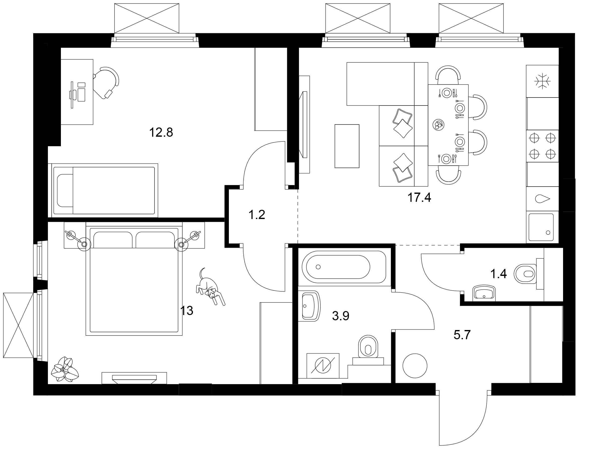Планировка: 2-комн. квартира 55.40 м² в новостройке Ярославский квартал