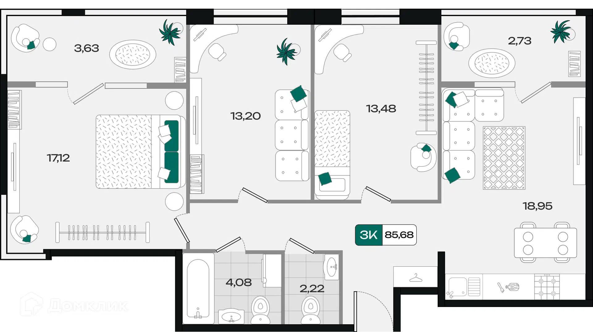 Планировка: 3-комн. квартира 85.40 м² в новостройке Народные Кварталы