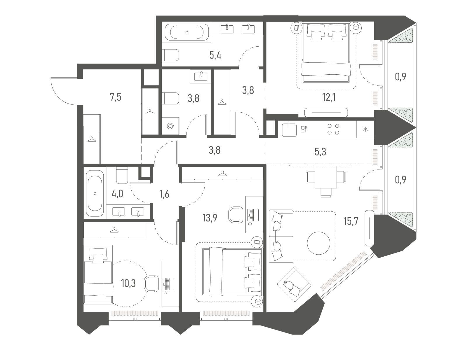 Планировка: 3-комн. квартира 89.00 м² в новостройке Среда на Лобачевского