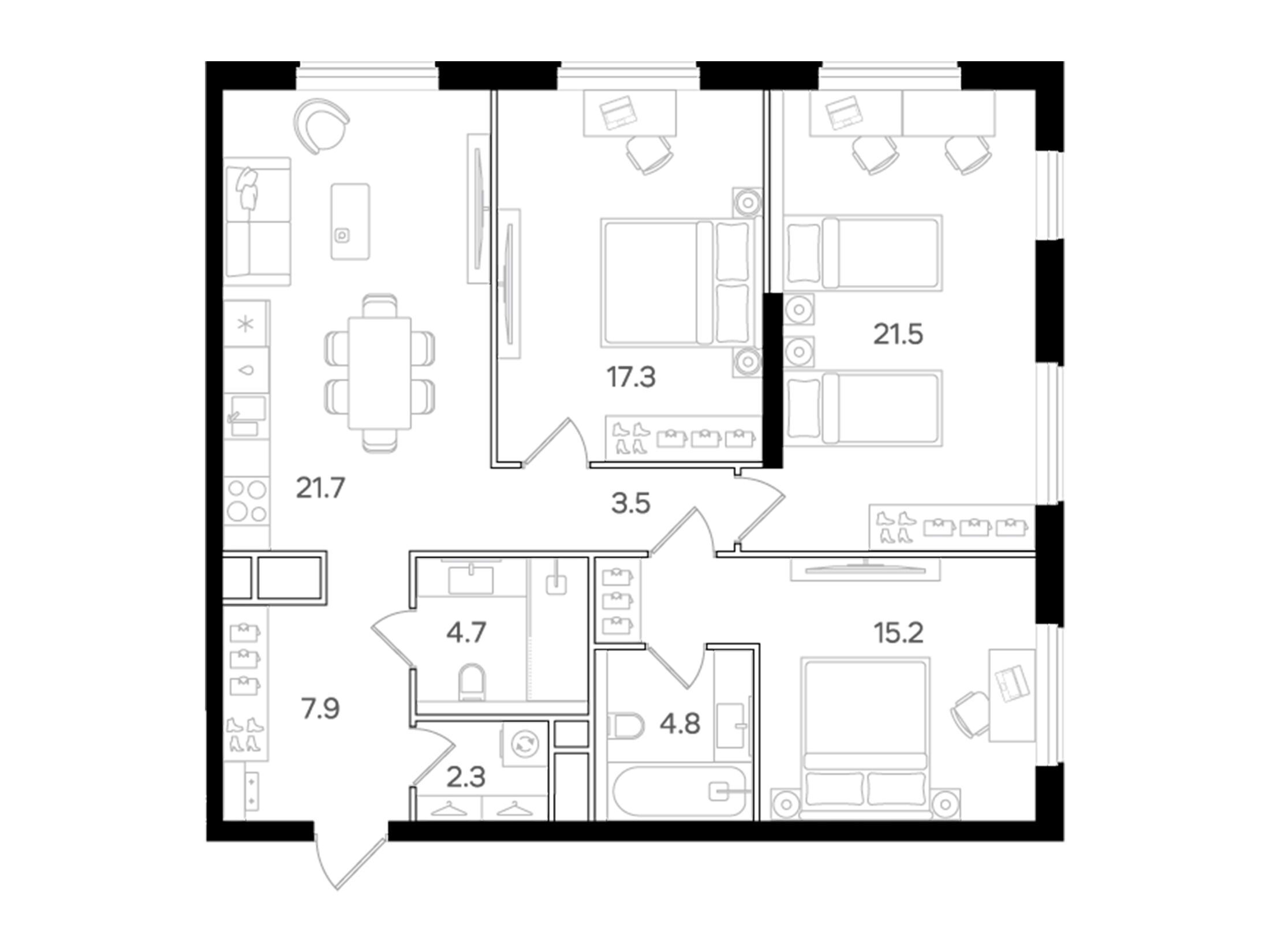 Планировка: 3-комн. квартира 98.00 м² в новостройке Интонация