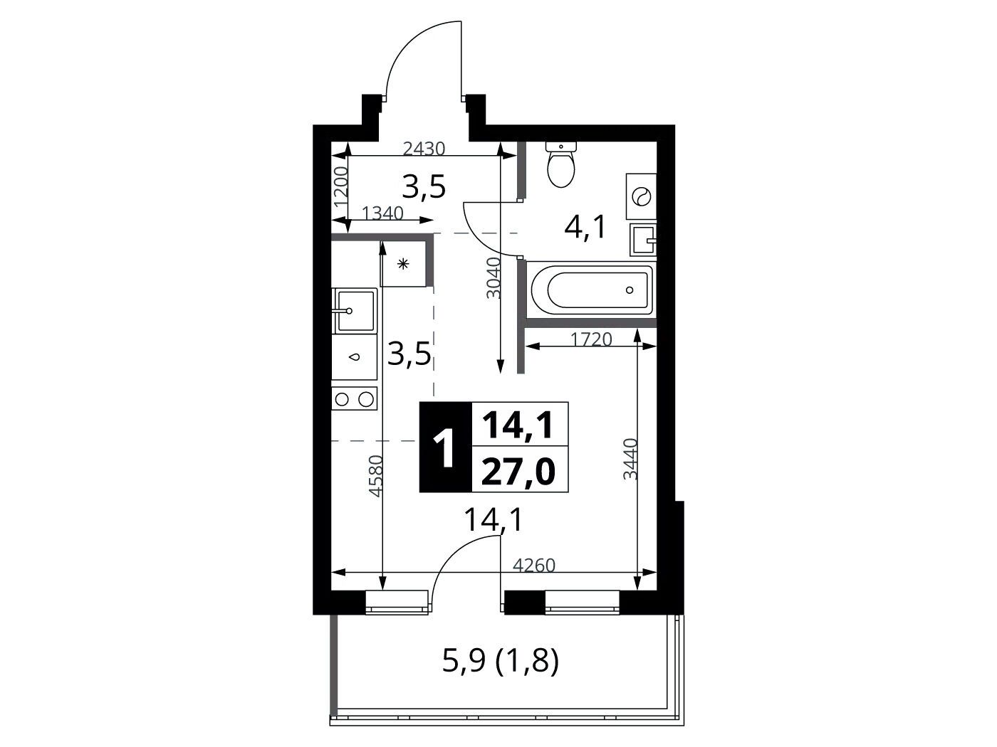 Планировка: Студия 27.00 м² в новостройке 1-й Ясеневский