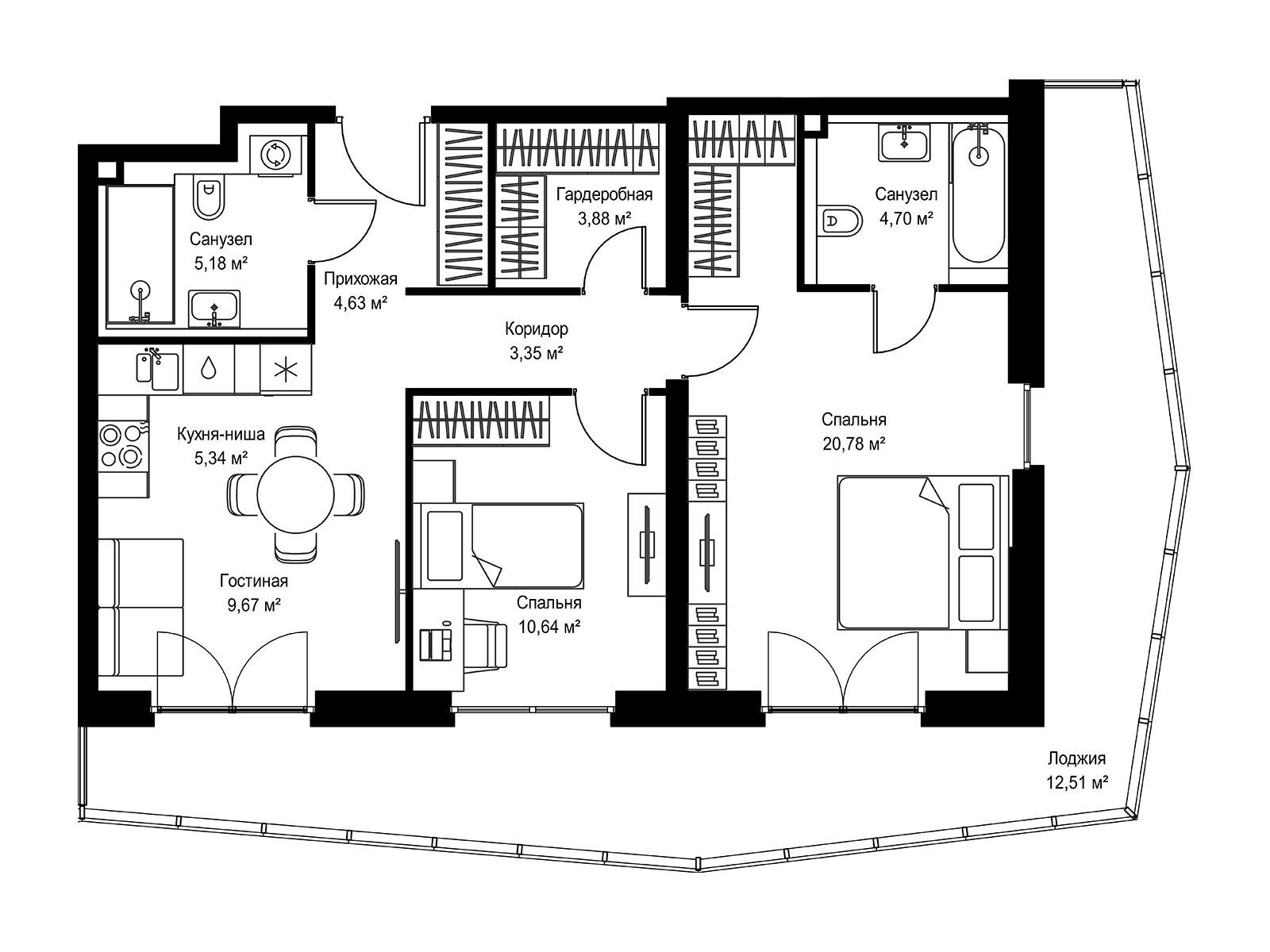 Планировка: 2-комн. квартира 80.68 м² в новостройке Селигер Сити