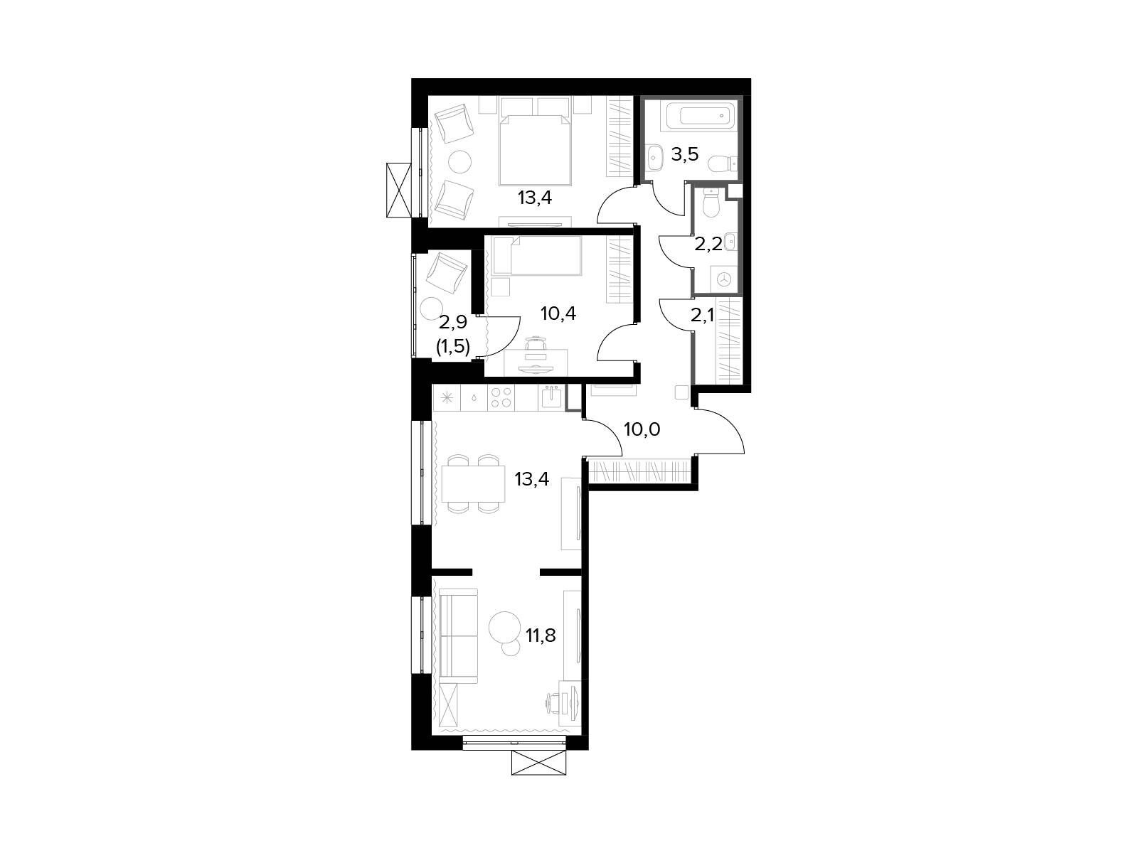 Планировка: 3-комн. квартира 68.40 м² в новостройке 1-й Ленинградский 