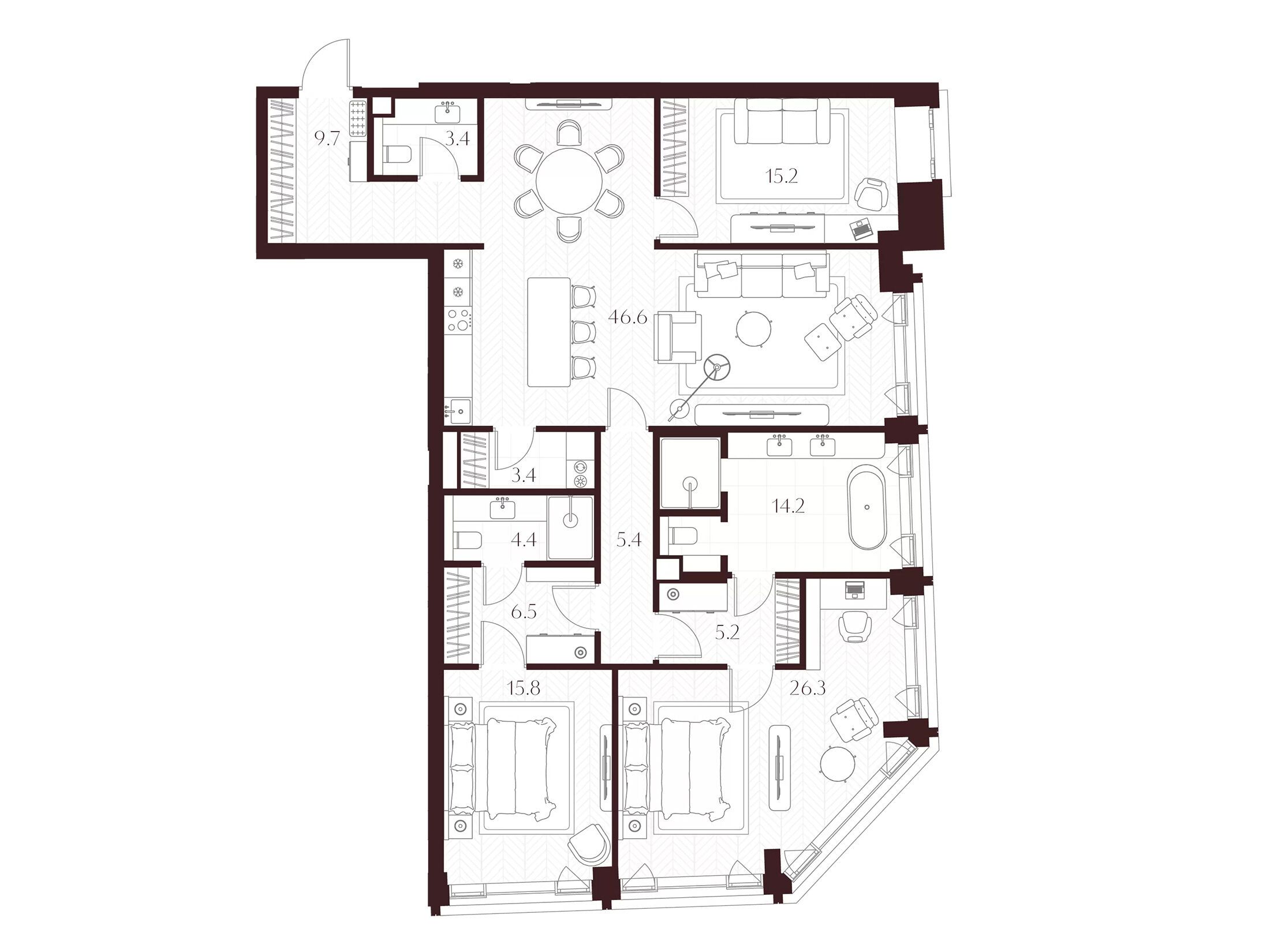 Планировка: 3-комн. квартира 156.10 м² в новостройке Климашкина 7/11