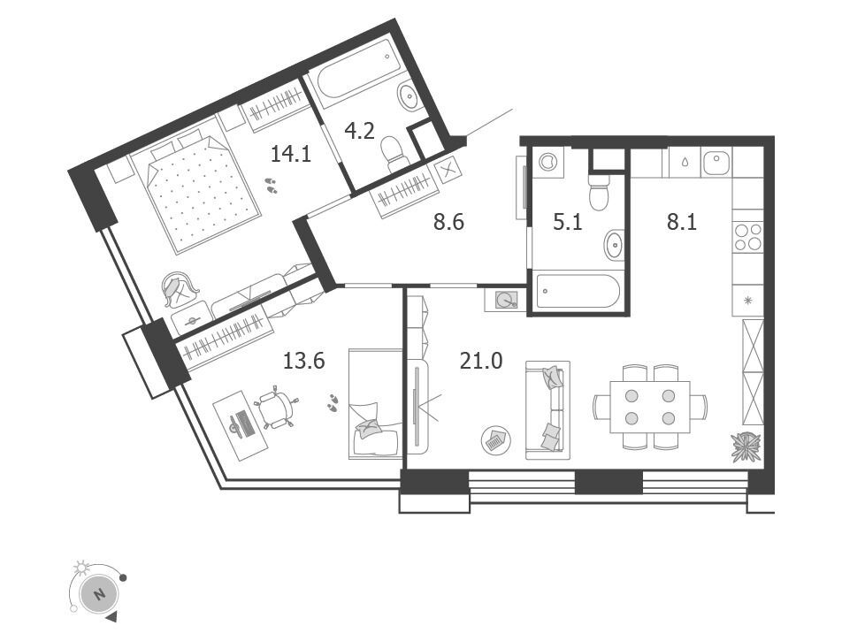 Планировка: 3-комн. квартира 74.70 м² в новостройке Воксхолл
