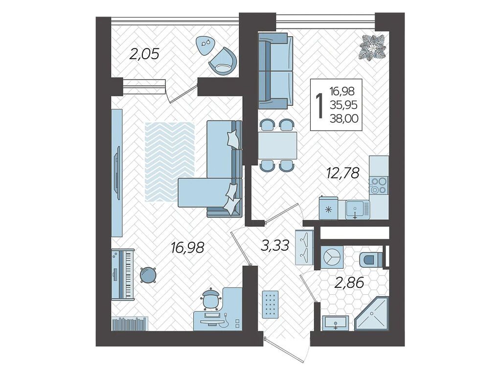 Планировка: 1-комн. квартира 38.90 м² в новостройке ЖК Кислород