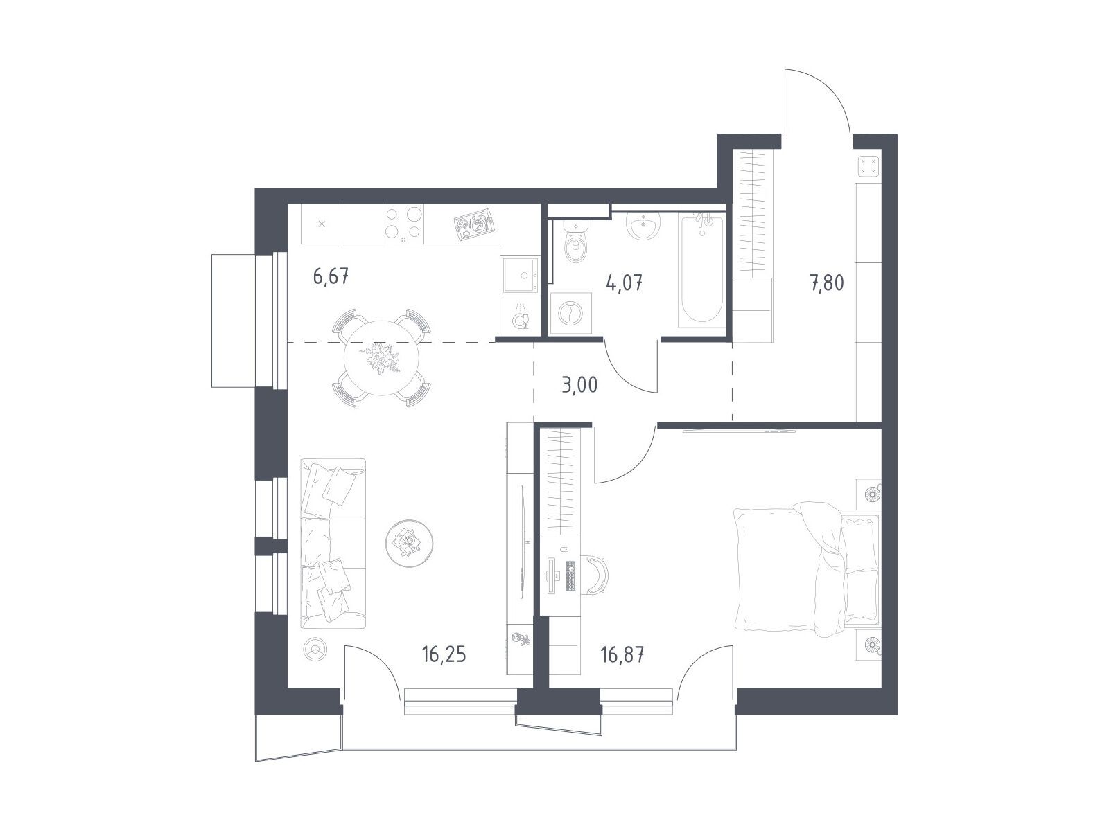 Планировка: 1-комн. квартира 53.90 м² в новостройке Квартал Авиаторов