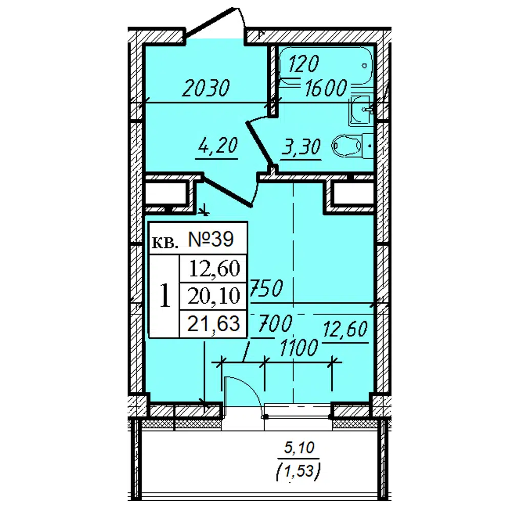 Планировка: 1-комн. квартира 21.63 м² в новостройке Дом на 6-й Линии