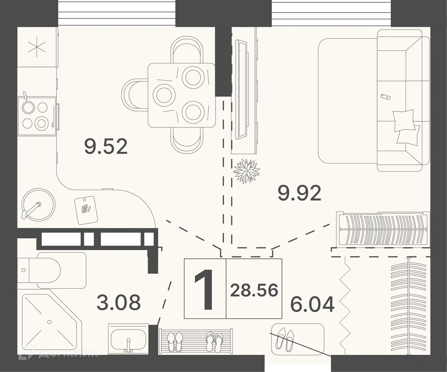 Планировка: 1-комн. квартира 28.56 м² в новостройке Светский лес