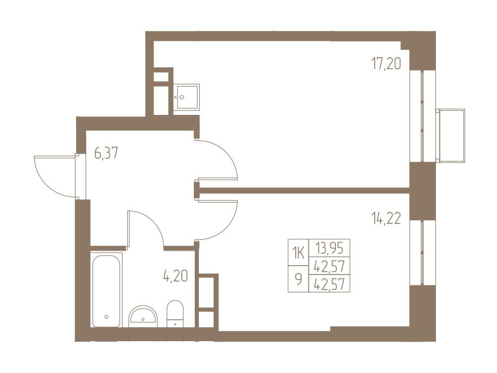 Планировка: 1-комн. квартира 41.99 м² в новостройке Фабрикант