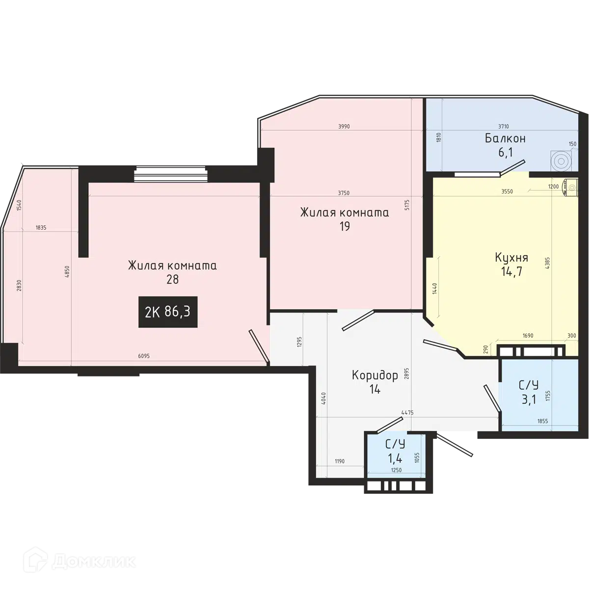 Планировка: 2-комн. квартира 86.30 м² в новостройке Доваторцев 42Б