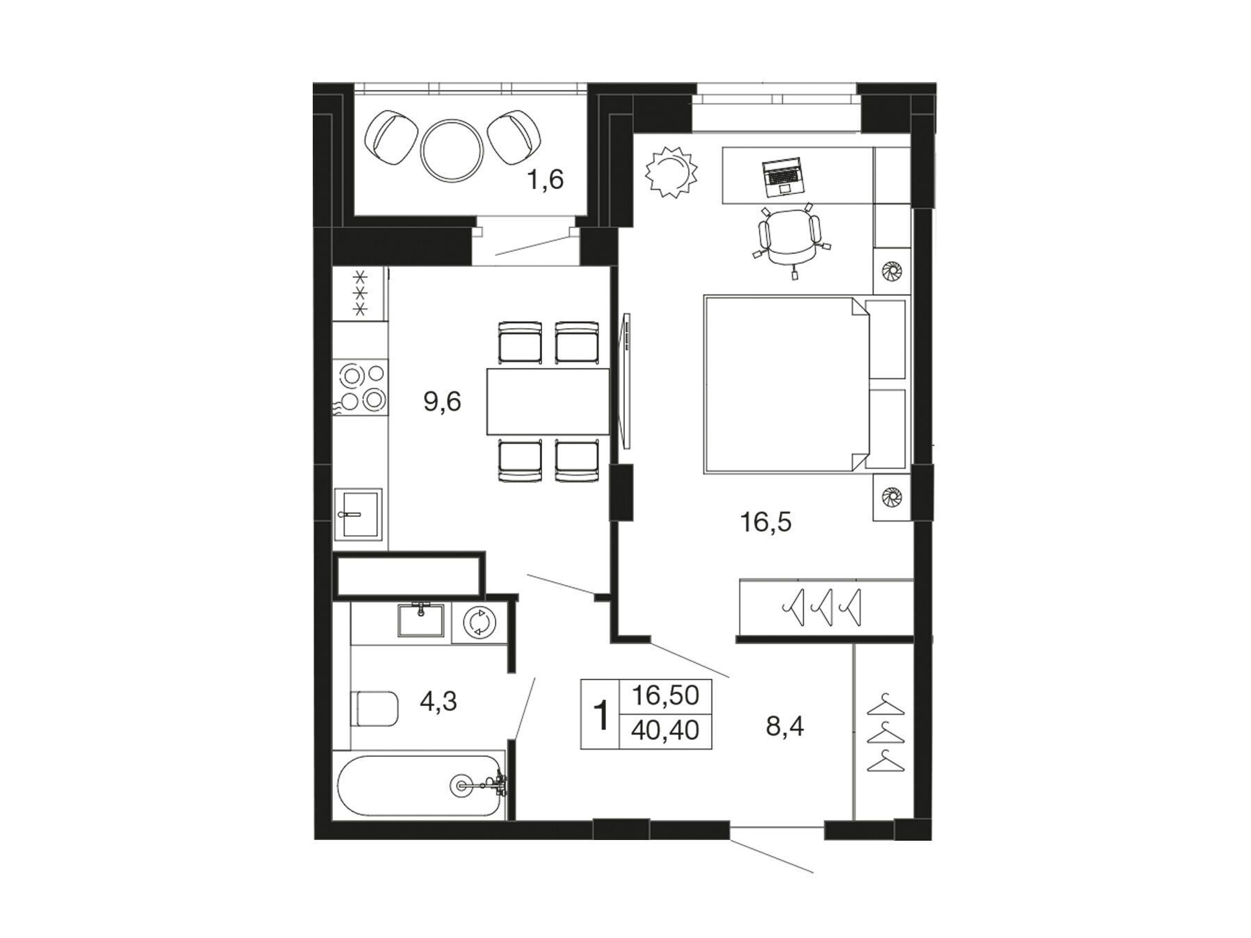 Планировка: 1-комн. квартира 38.80 м² в новостройке Времена года