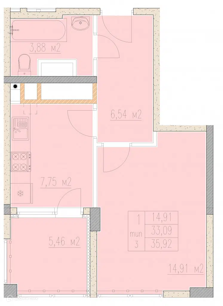 Планировка: 1-комн. квартира 35.92 м² в новостройке Агой-парк