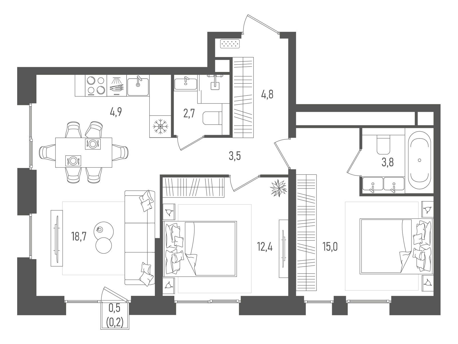 Планировка: 2-комн. квартира 66.00 м² в новостройке ЖК Пейв