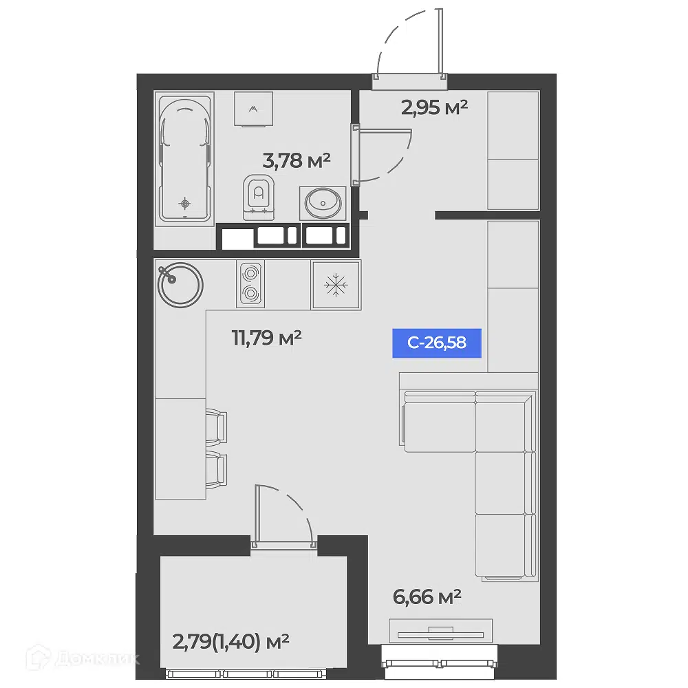 Планировка: Студия 26.58 м² в новостройке Соловей