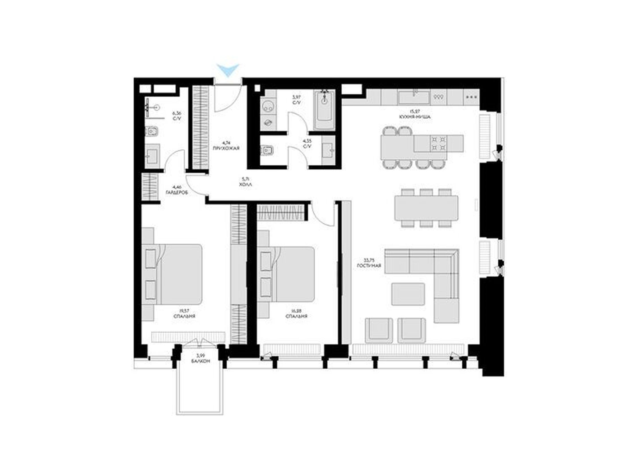 Планировка: 3-комн. квартира 116.90 м² в новостройке Виктори Парк Резиденс