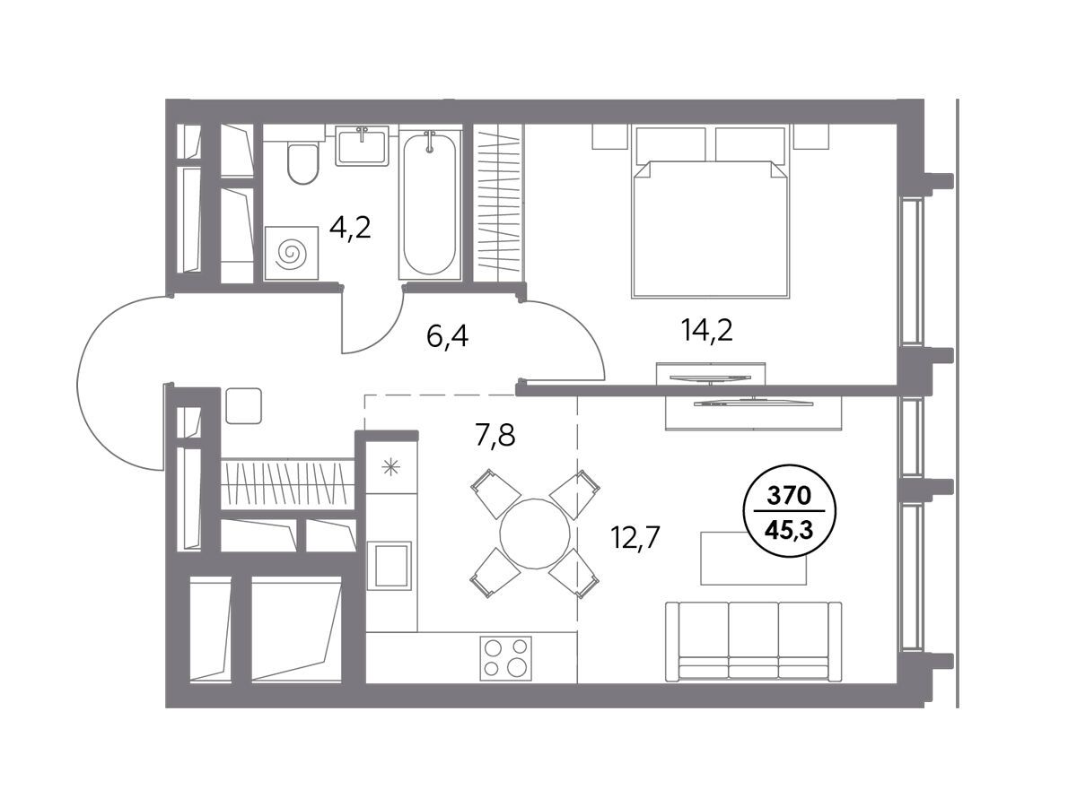 Планировка: 1-комн. квартира 45.30 м² в новостройке Дом 56