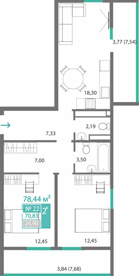 Планировка: 2-комн. квартира 70.83 м² в новостройке Горизонты
