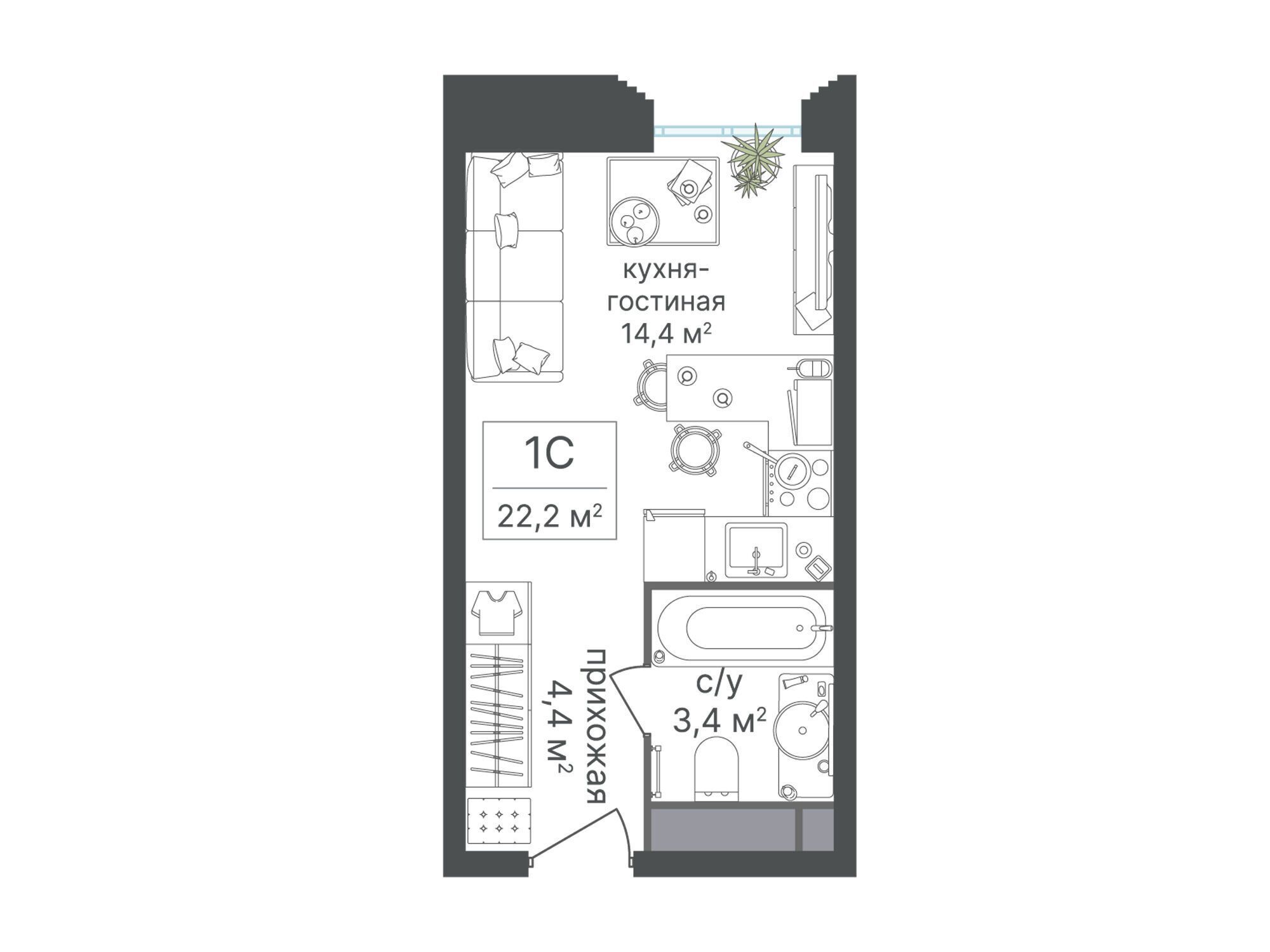 Планировка: Студия 22.20 м² в новостройке Варшавские ворота