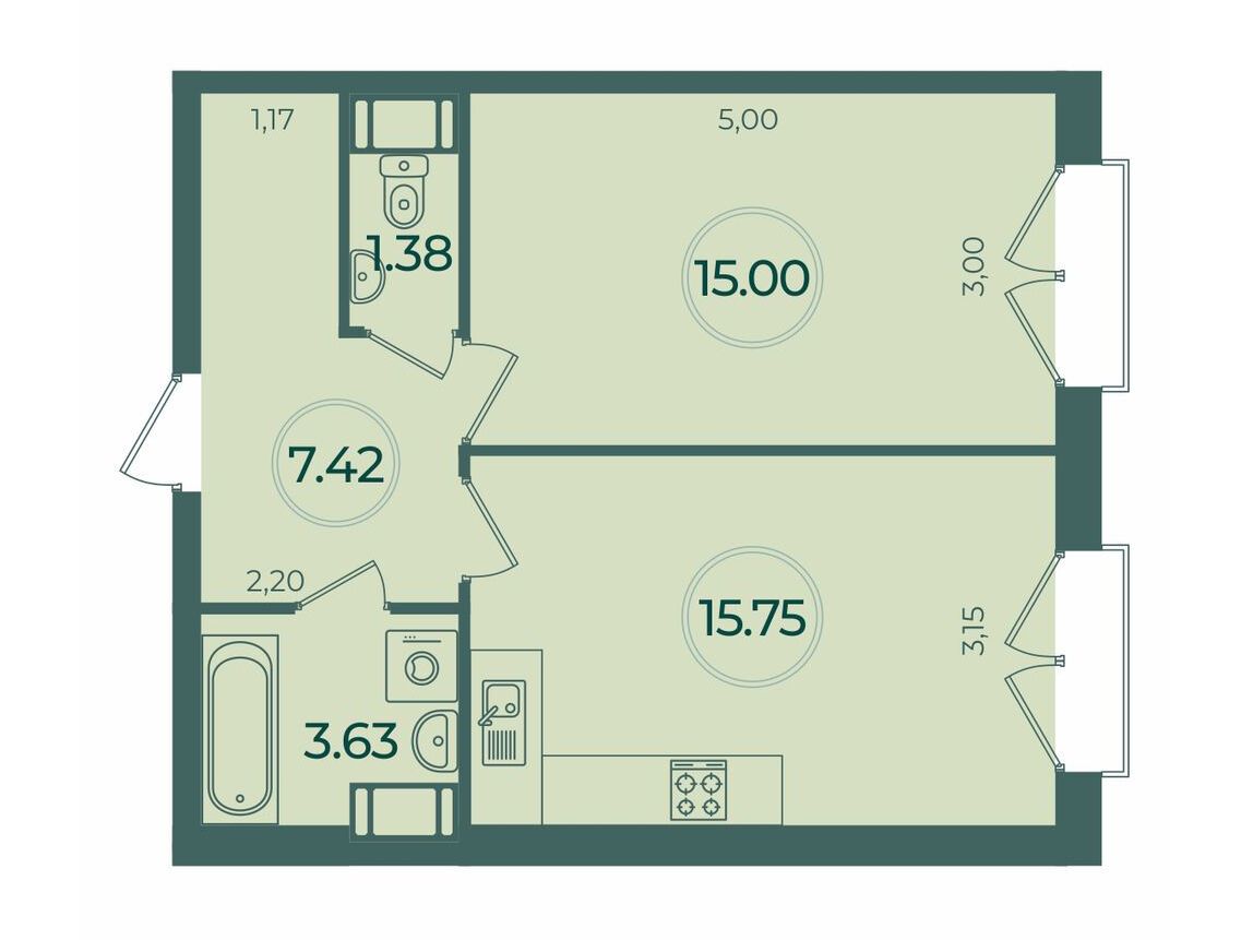 Планировка: 1-комн. квартира 43.18 м² в новостройке Дуалист