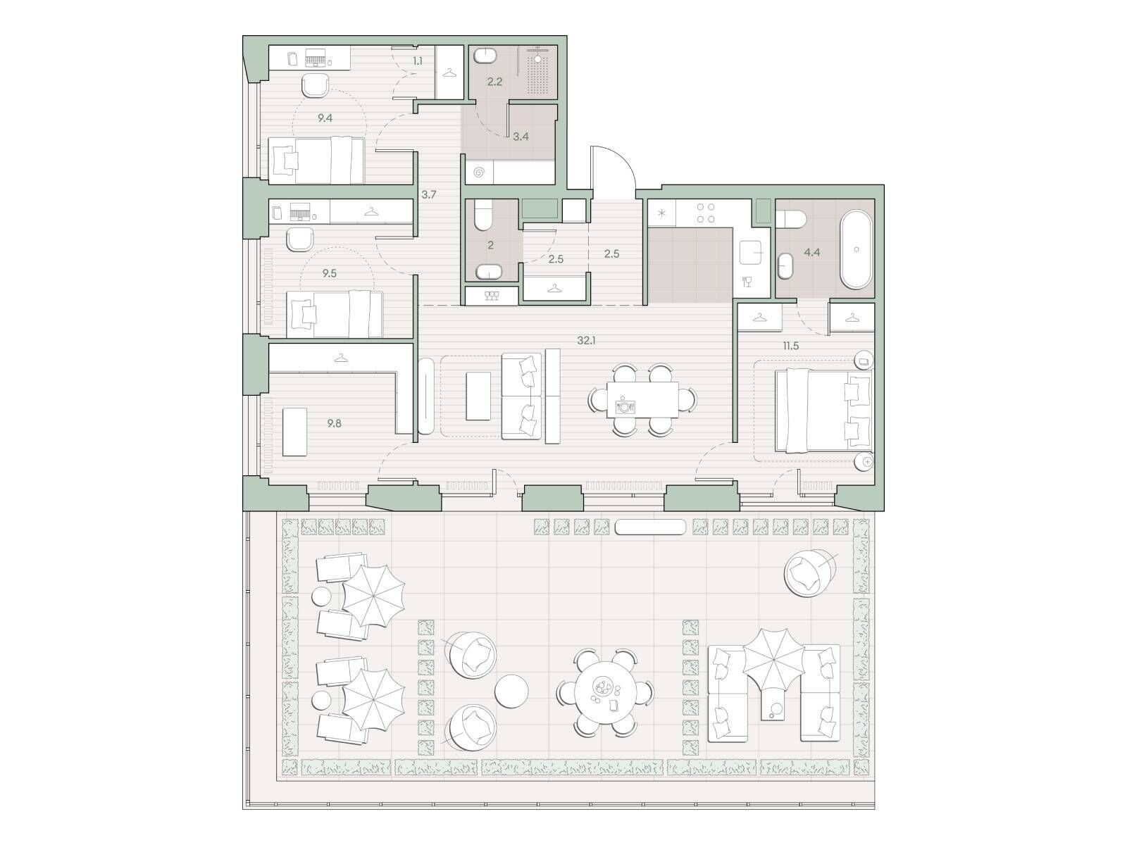Планировка: 3-комн. квартира 118.60 м² в новостройке Среда на Лобачевского