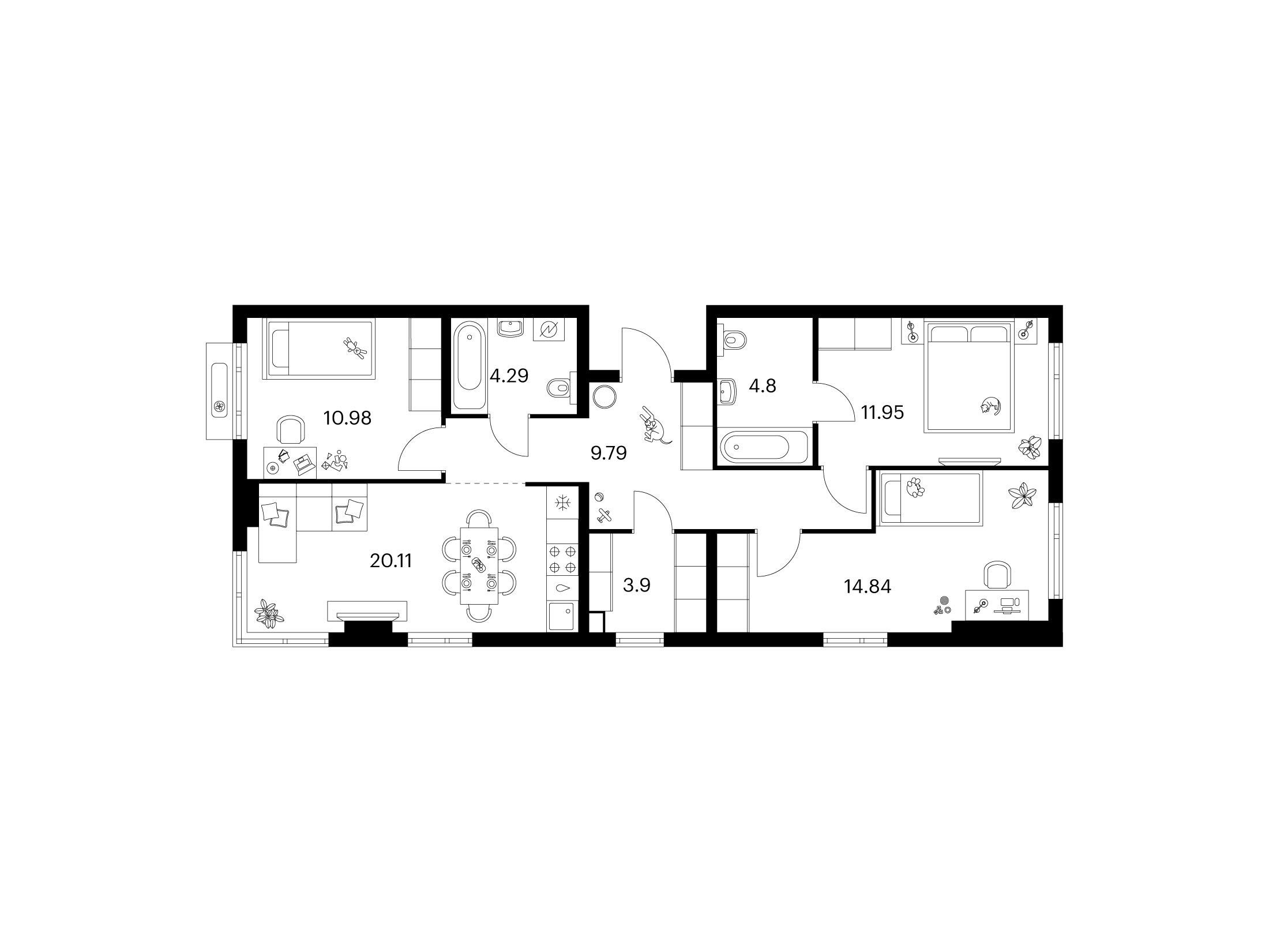 Планировка: 3-комн. квартира 80.66 м² в новостройке Таллинский парк