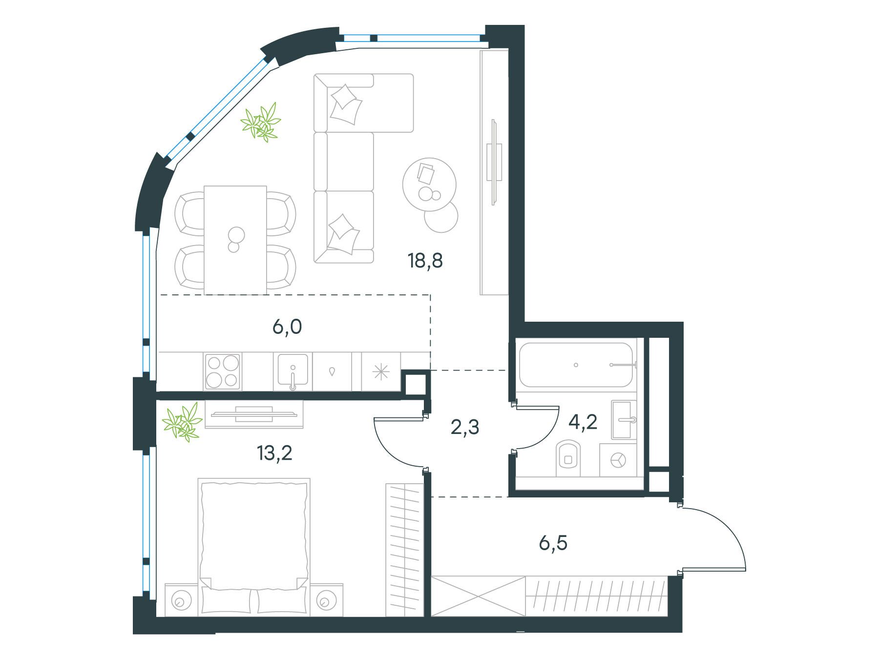 Планировка: 2-комн. квартира 51.00 м² в новостройке Левел Нижегородская