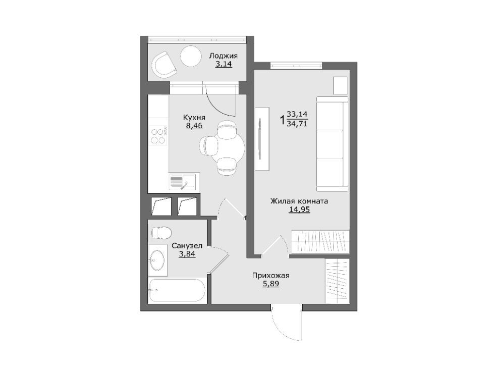 Планировка: 1-комн. квартира 34.71 м² в новостройке Клевер